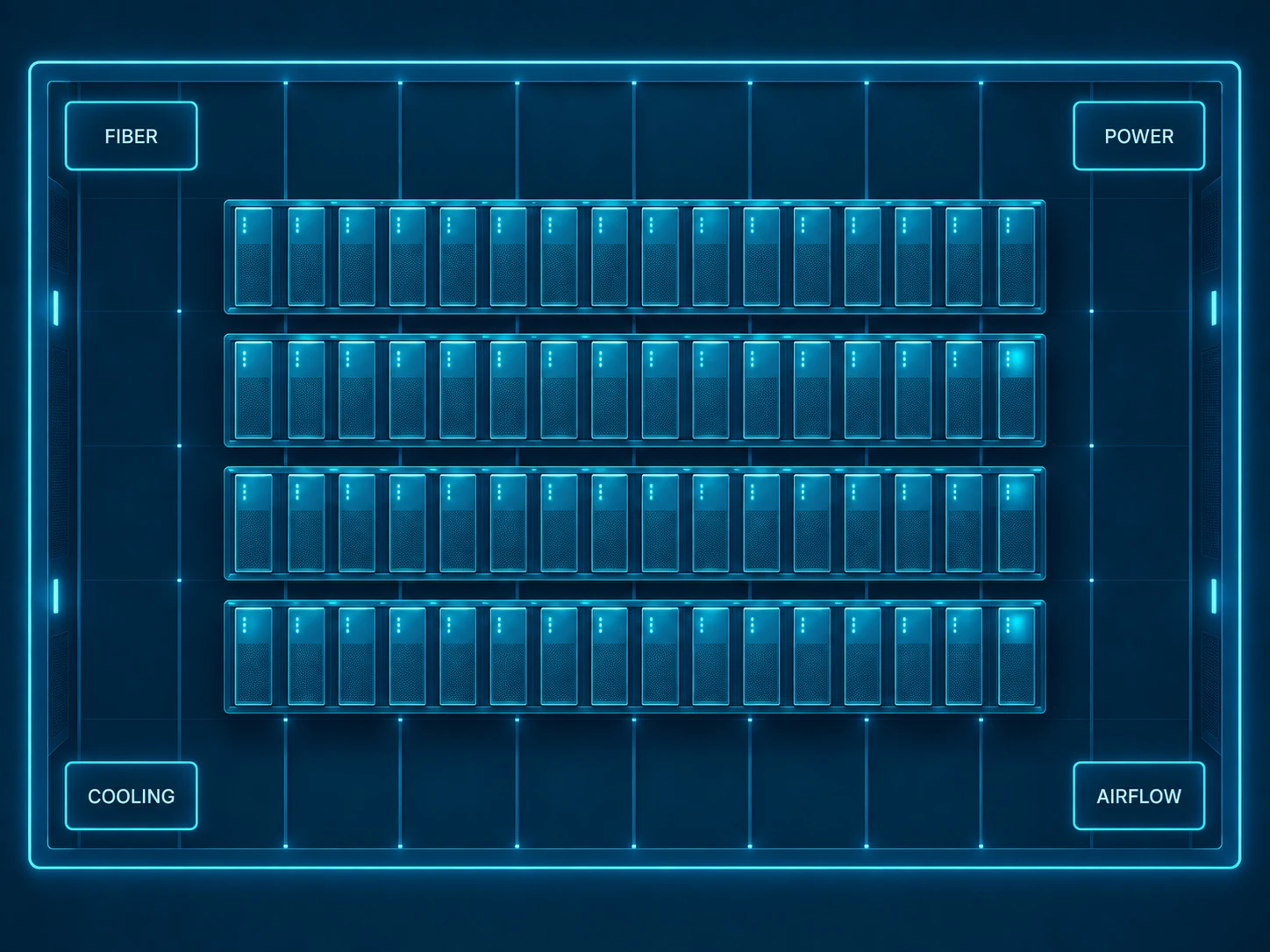 Data center rack layout showing fiber, power, cooling and airflow systems around four rows of server racks.